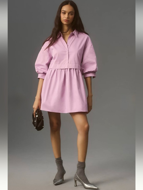 English Factory Dresses & Skirts - English Factory Cotton Puff-Sleeve Oversized Mini Collared Shirt Dress Lilac M